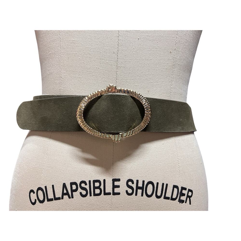 Loft Statement Gold Oval Buckle Olive Green Suede Leather Belt Womens Sz XS / S